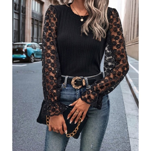 Tops - SOLD OUT Black Sheer Floral Lace Sleeve Pattern Long Sleeve Casual Ribbed Top